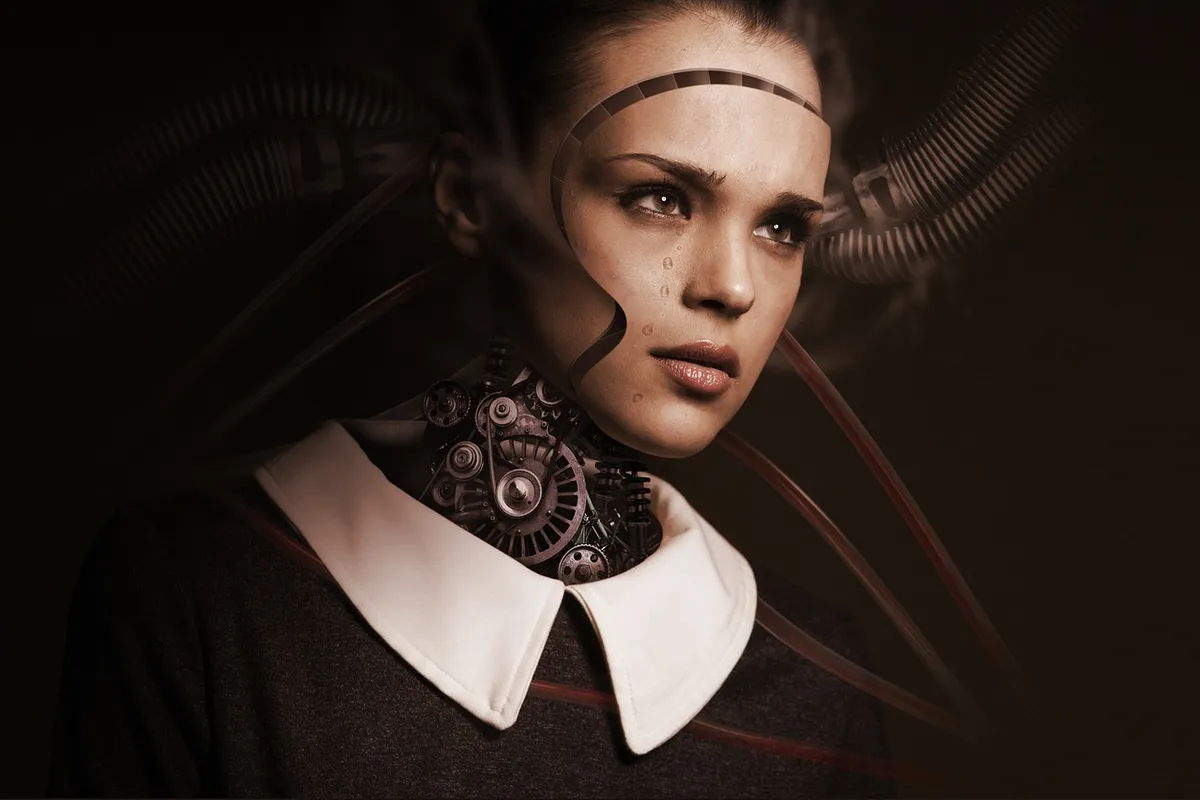 ロボット、女性、顔、涙、悲しむ、人工知能、未来、マシン、デジタル、悲しみの女の子、技術、ロボティクス、女の子、人、アンドロイド、回路板、二進数、コ