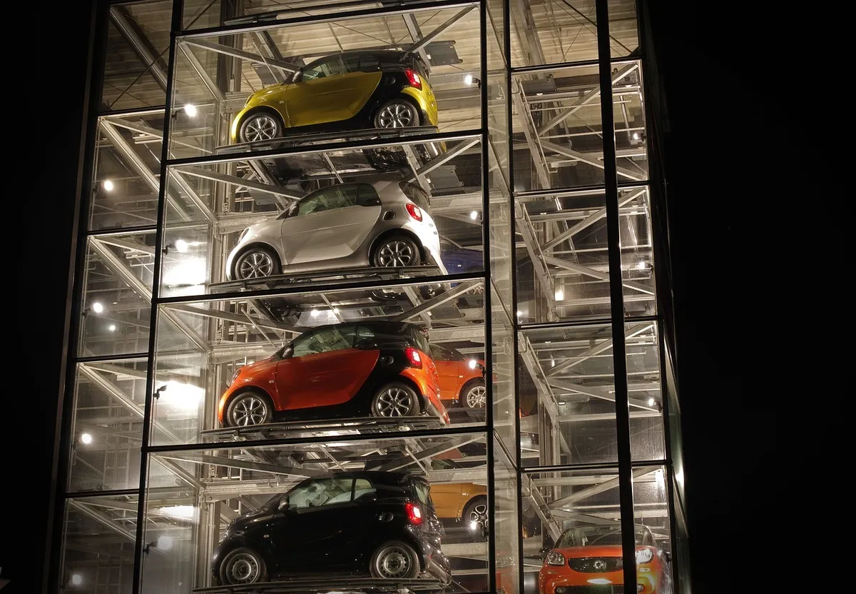 automobile, car tower, smart, exhibition, sightseeing, metal construction, tower, architecture, berlin, exhibition building, glass facade, building, car tower,