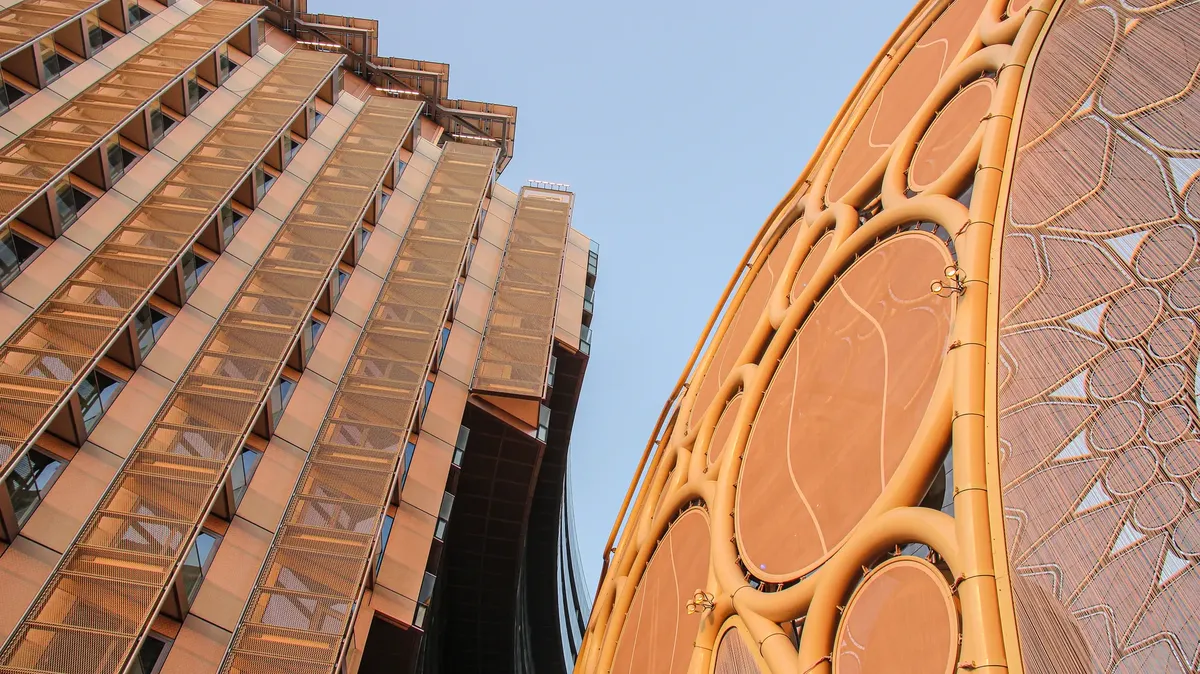 Low angle shot of innovative architecture in Expo City Dubai, UAE.