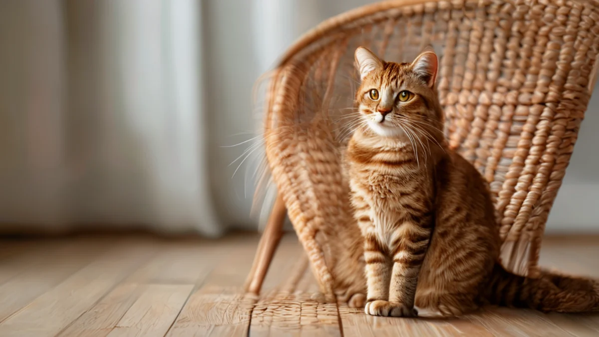 A cat on a wicker chair, tan, woven, on a wooden floor, clean studio softbox, shallow focus, photorealistic, high detail