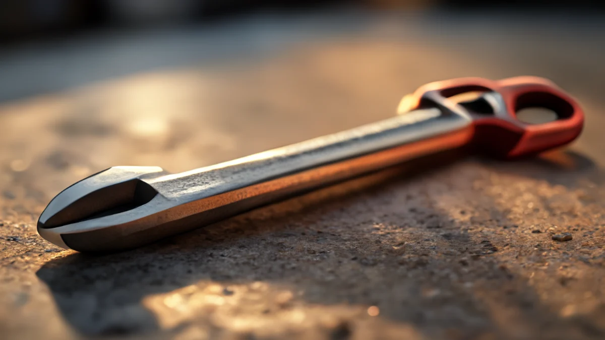 A wrench with hex bit, steel color, polished texture, on concrete under warm light, shallow focus, photorealistic, high detail