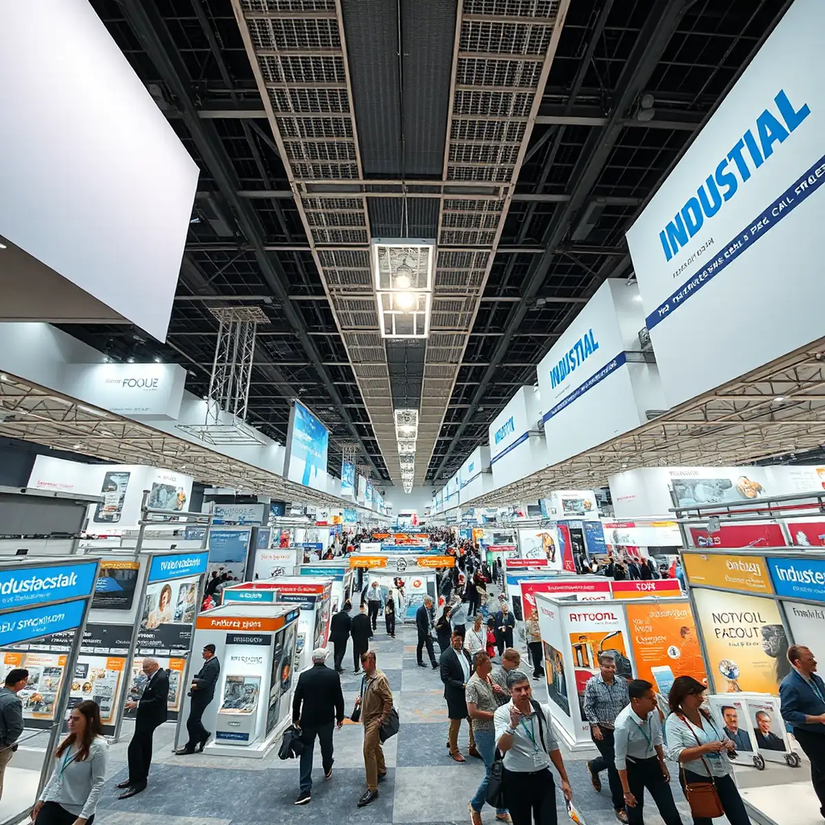 Panoramic view of a large exhibition hall, with rows of diverse industry booths and people captured moving briskly.