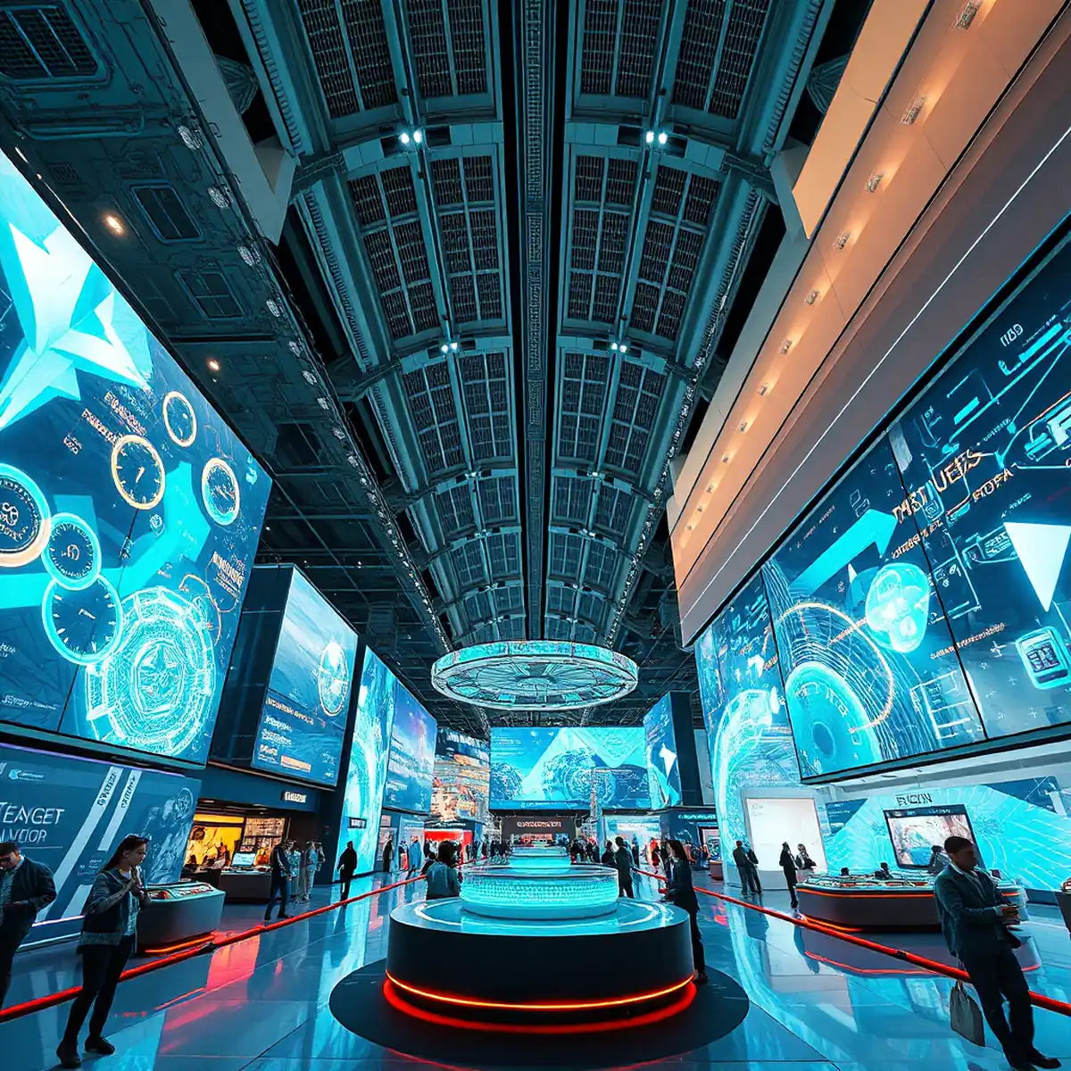 Wide shot of the large exhibition space in the future-oriented pavilion at Expo, showcasing a vibrant atmosphere of the integration of technology and sustainability