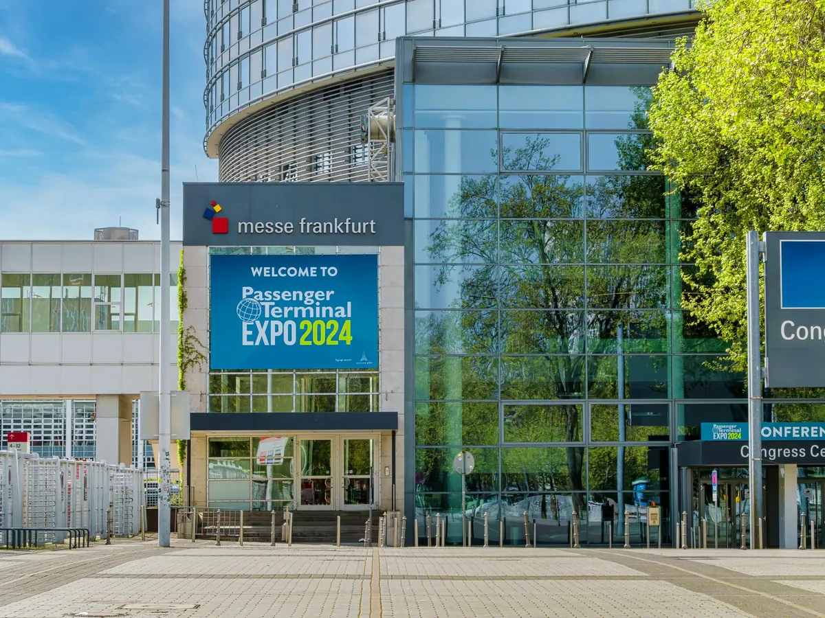 Discover the sleek entrance of Messe Frankfurt during Passenger Terminal Expo 2024.