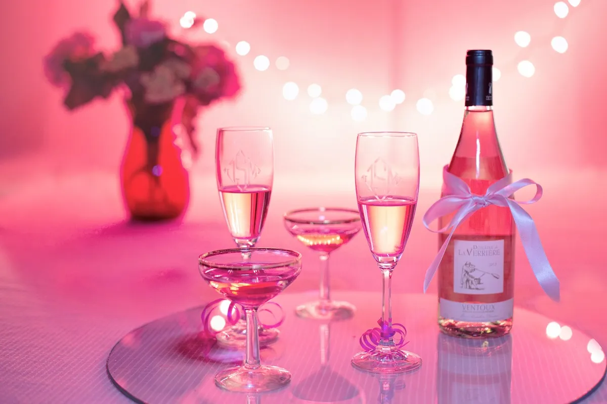 pink wine, champagne, celebration, pink, valentine's day, wedding, party, holiday, drink, glasses, wineglasses, happy birthday, wine, wine bottle, alcohol, beve