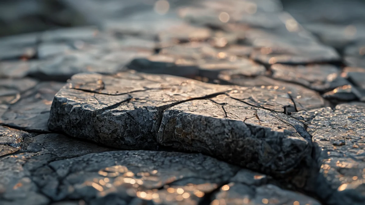 Rissiges Betonstake, raue Oberfläche, verblasste Grau, auf Stein, warmes Licht, flaches Schwerpunkt, photo-realistisch, hohe Details