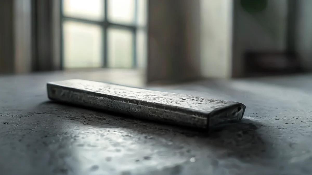 Ein einzelner Energie-Bracket, Stahl mit rauchiger Oberfläche, auf einem Beton-Tisch unter sanftem Fensterlicht, flache Schärfe, photo-realistisch, scharfe Schärfe, hohe Details