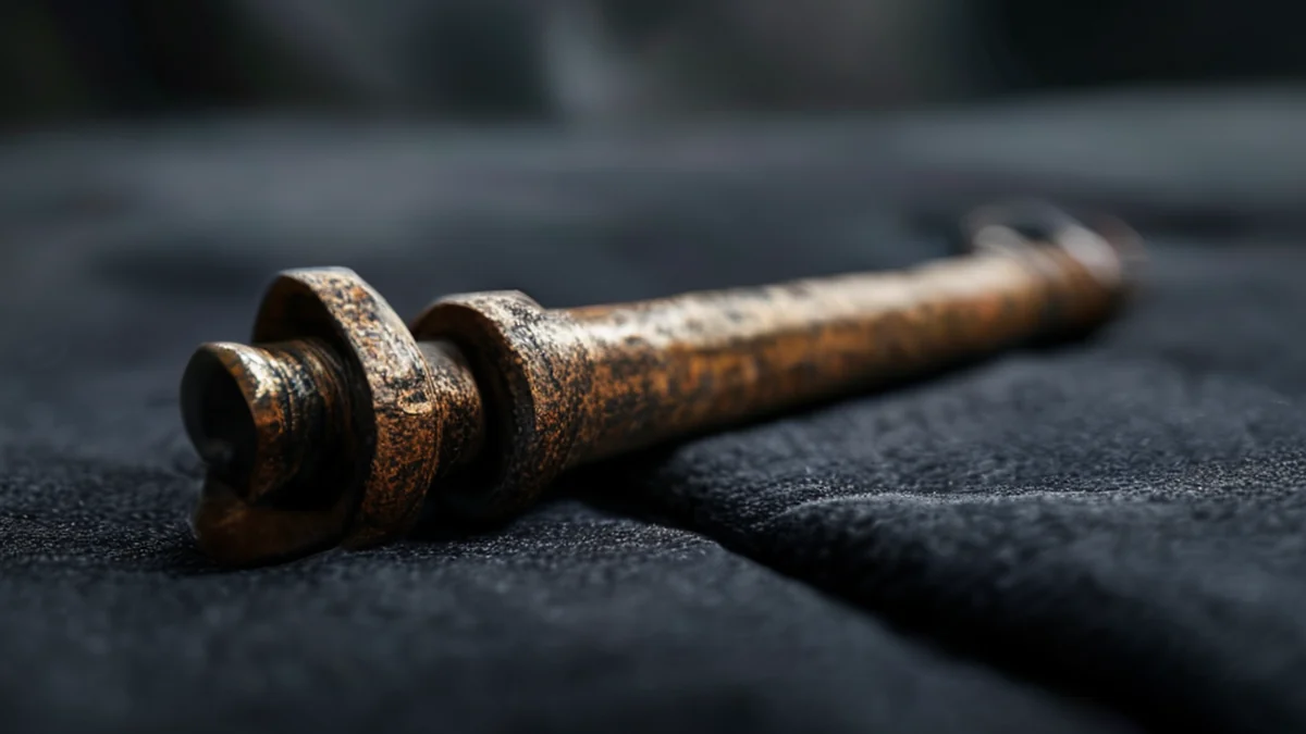 A metal bolt showing signs of tarnishing, with a dull surface and oxidation.