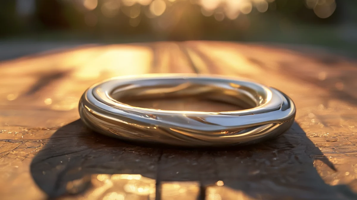 A silver sighting spring, coiled shape, metallic texture, resting on a wooden table under golden hour light, shallow depth of field, photorealistic, sharp focus, high detail