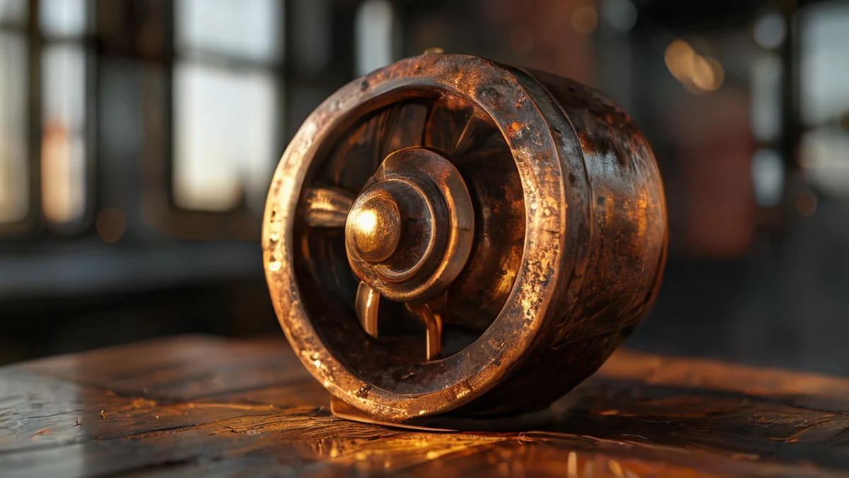 Habitacolo di turbina centrale, acciaio ruggine, superficie texturata, su una tavola di legno, ora dorata, profondità di campo sottile, fotorealistica, focus netto, dettagli elevati