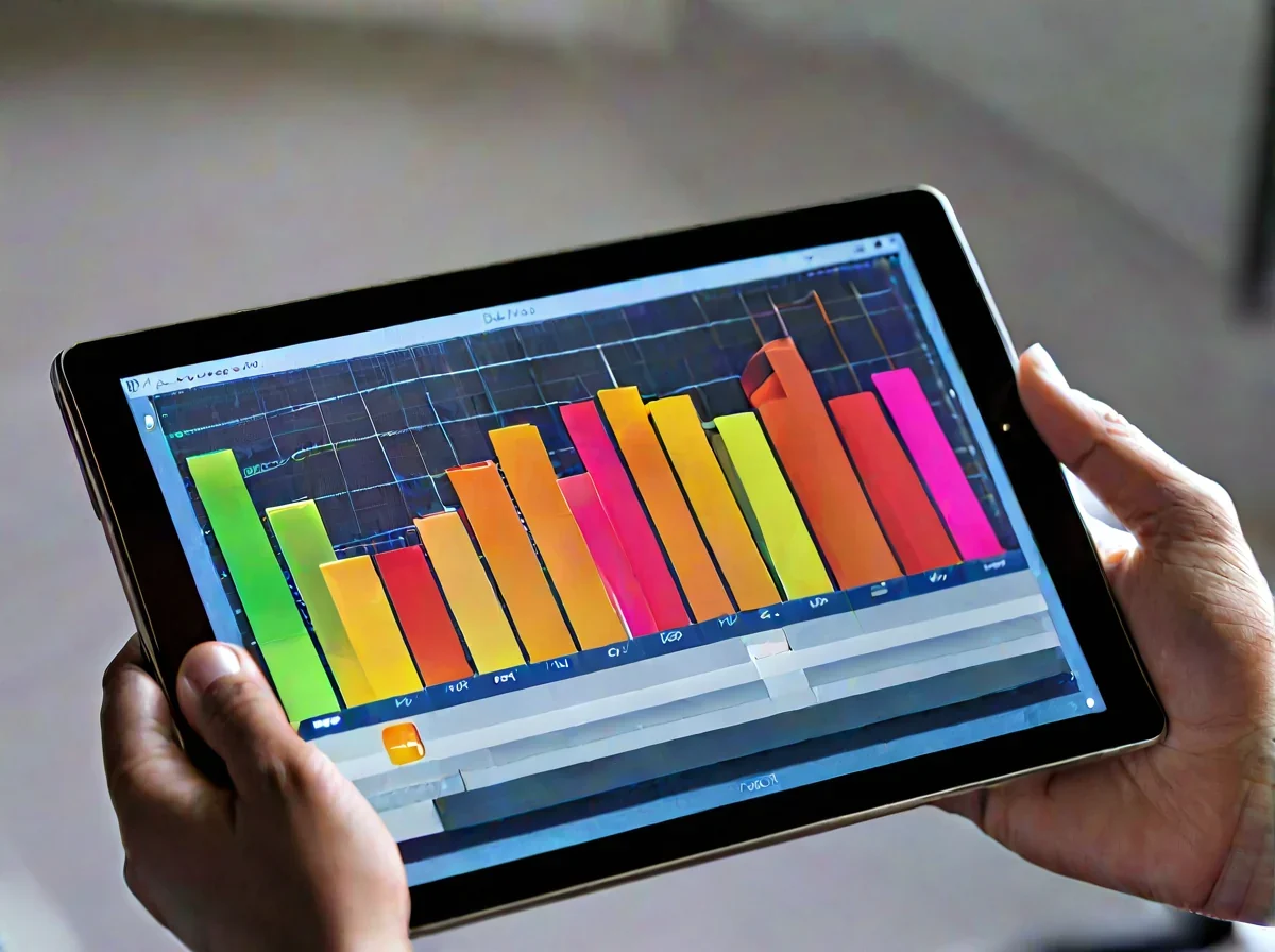 Een digitale staafgrafiek met verschillende hoogtes op een tablet scherm