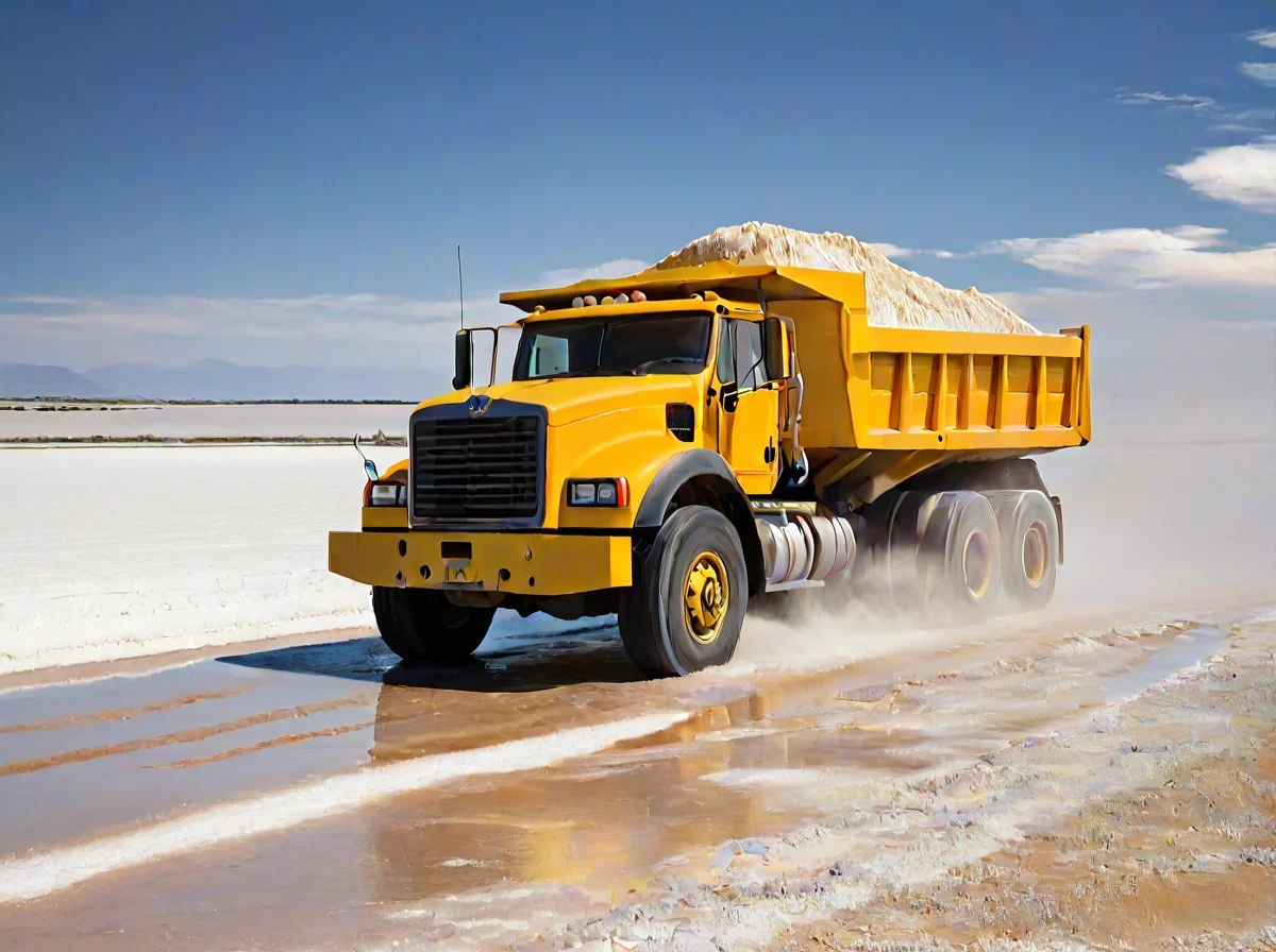 Massive yellow lithium mining dump truck driving across a white salt flat