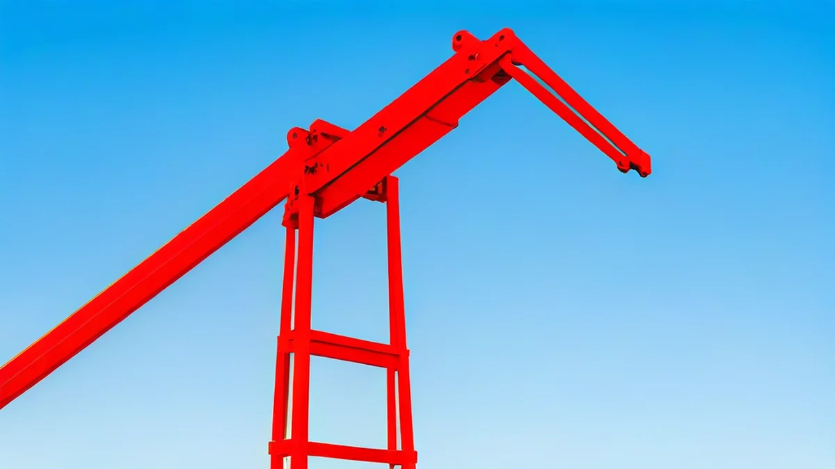 Cran di costruzione rosso, forma di torre, cielo blu, ora dorata, obiettivo 85mm, profondità di campo sottile, fotorealistico, focus netto, dettagli elevati