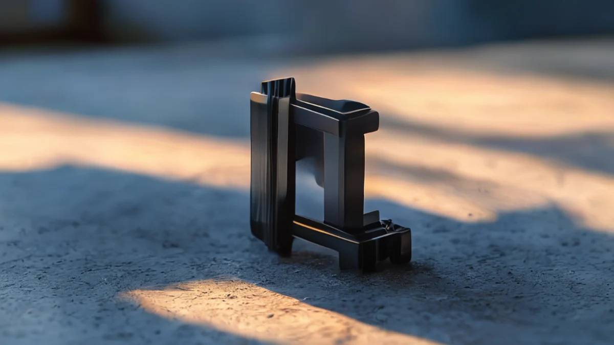 Een enkel Tower-Clamp van zwart ge-anodiseerd aluminium, scherp formaat, blauw, op een beton tafel onder warme licht.