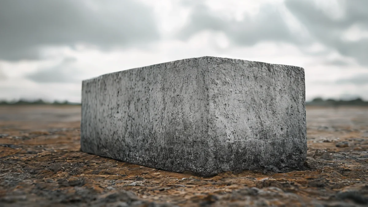 Um bloco de concreto grande, cinza com textura áspera, deitado sobre uma superfície de terra sob um dia nublado, profundidade de campo suave, fotorealista, foco neto, detalhes altos